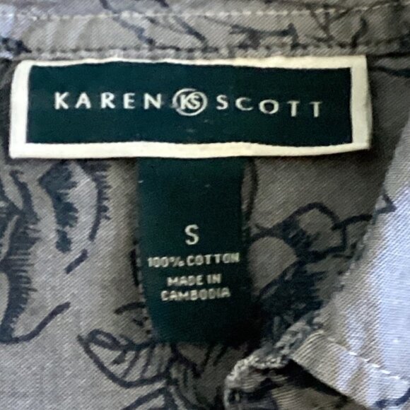 Karen Scott Button-Up Roll Tab Top 100% Cotton Floral Sz S Blue 142C - Picture 7 of 8